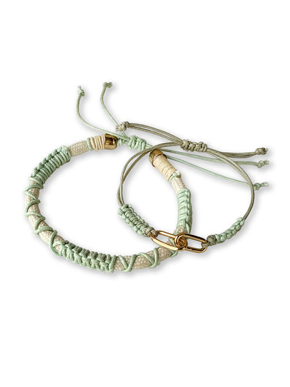 Green & Beige Thread & Vegan Leather Band