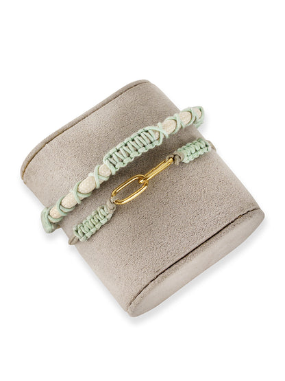 Green & Beige Thread & Vegan Leather Band