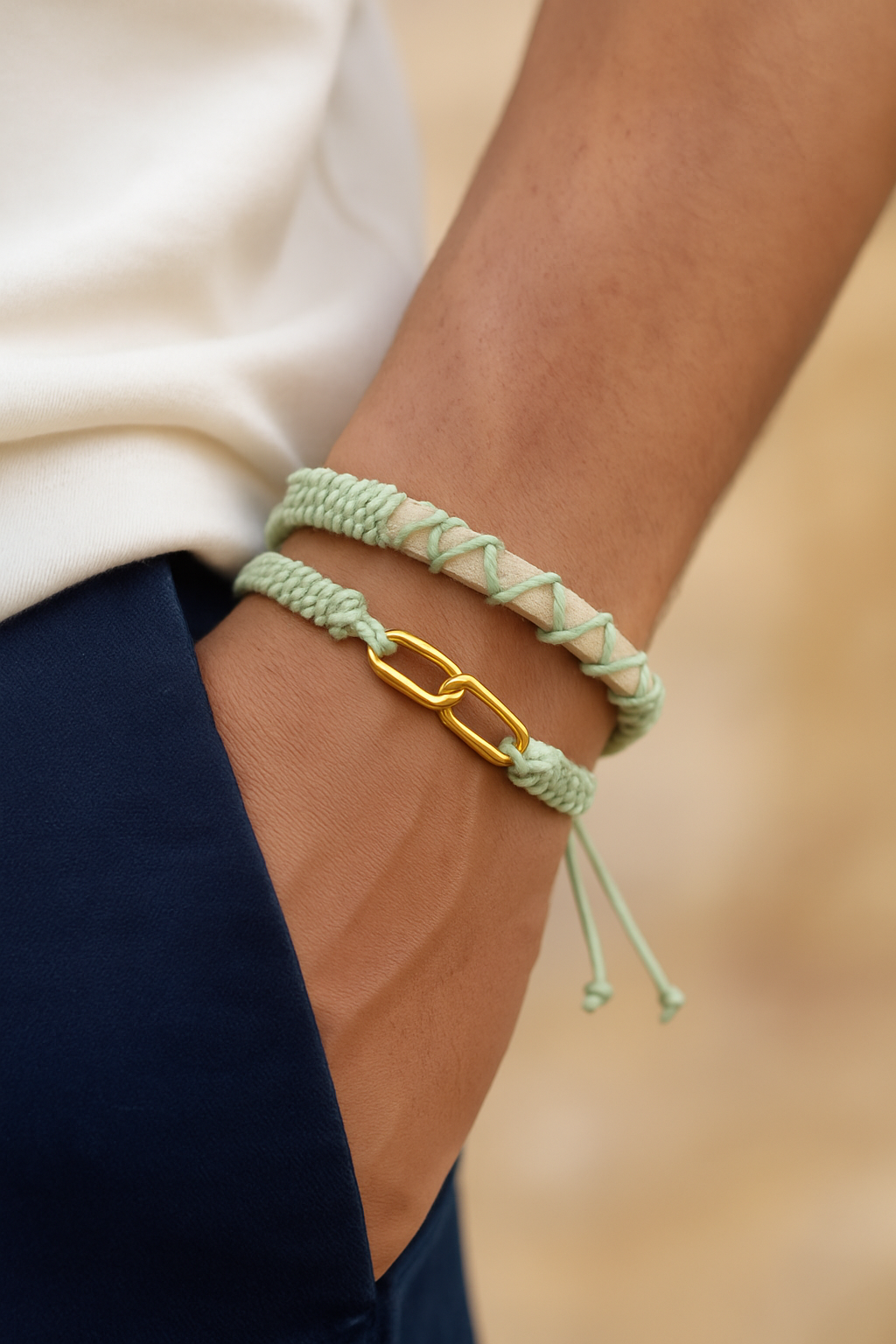 Green & Beige Thread & Vegan Leather Band