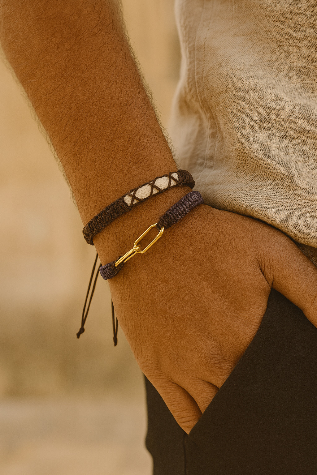 Brown & Beige Thread & Vegan Leather Band